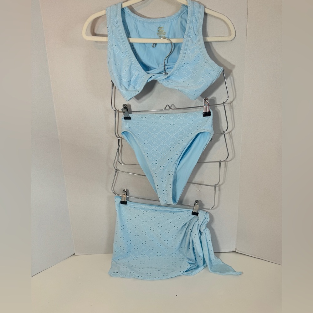LaPORTE Light Blue Eyelet Women's high wasted bikini with sarong